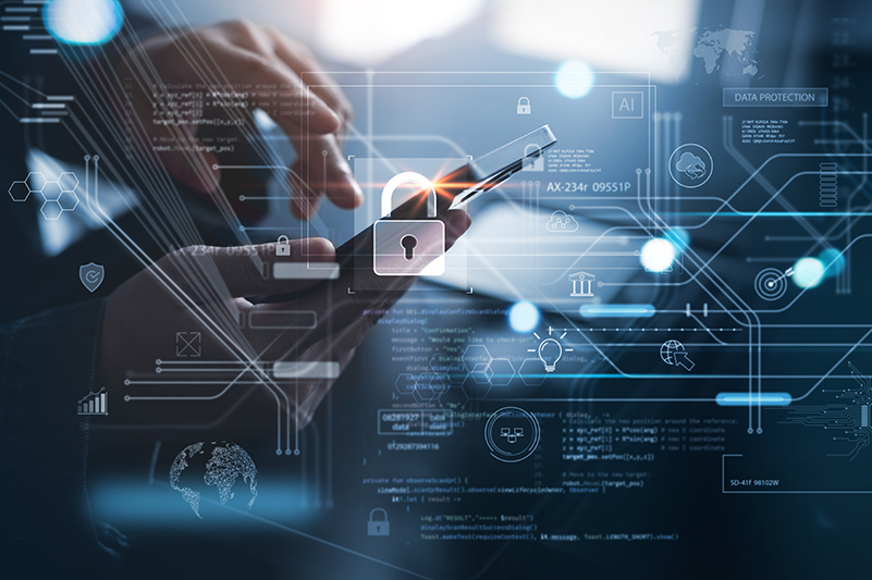 A hand holds a smartphone, surrounded by digital symbols representing data protection, cybersecurity, and technology. This reflects the increasing importance of secure communications in policing and law enforcement.