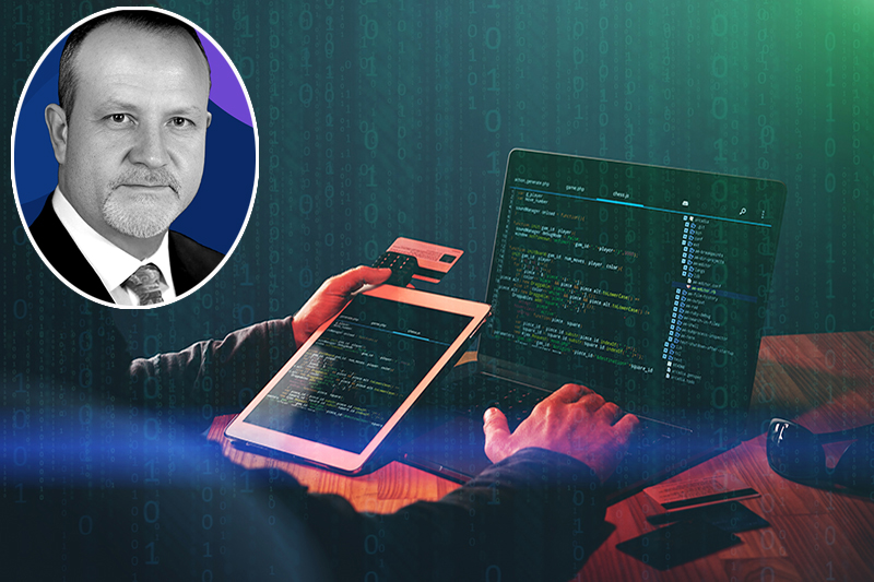 Fraudster sitting at a desk with laptop, iPad and card reader, with inset picture of Raul Aguilar, former US Department of Homeland Security