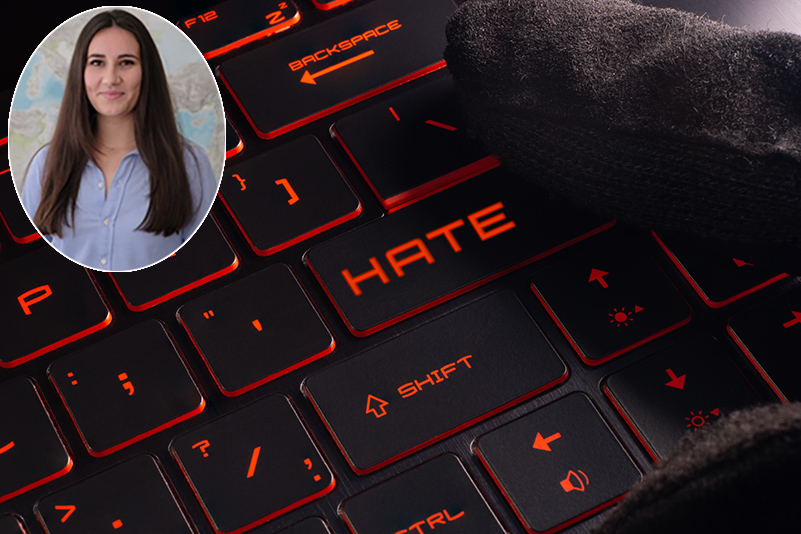 Close-up laptop keyboard with red light button hate, online hate crime concept, with Paula Gomila Marqués inset