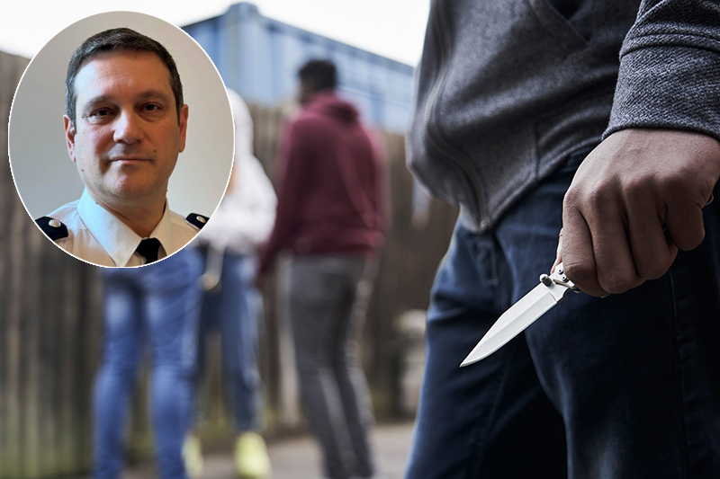 Close Up Of Teenage Boy In Urban Gang Holding Knife, with inset pic of Cdr Stephen Clayman
