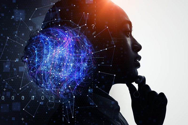 The image features a silhouette of a thinker, with a colorful, abstract representation of interconnected data and ideas emerging from their mind, symbolizing insight and innovation in policing technology.