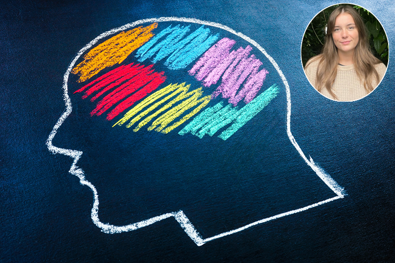 A Head shape with colorful chalk spots as symbol of neurodivergent – Neurodiversity concept – with Victoria Paterson inset