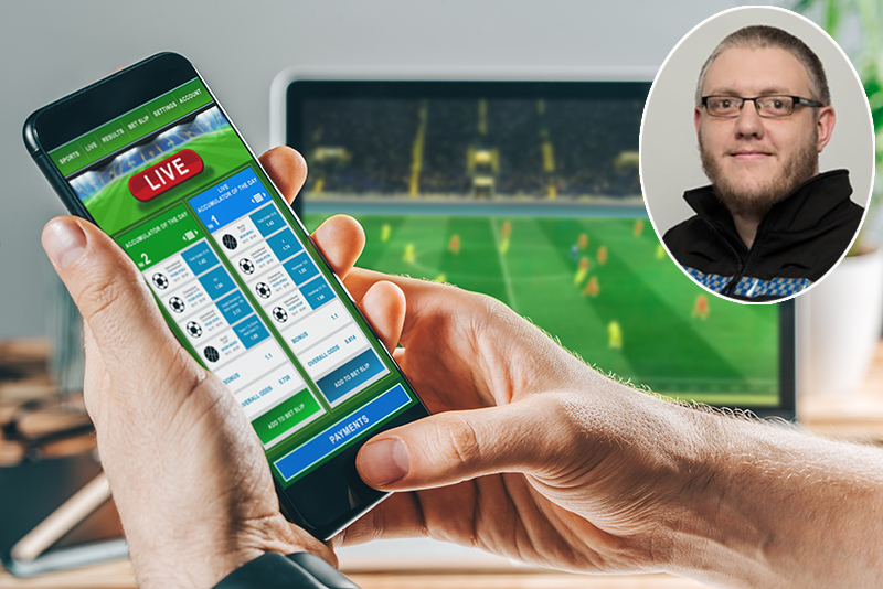 Close up cropped shot of male hands betting online using gambling mobile application on his phone, with Sgt James Stopford inset