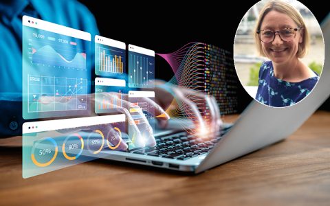 Laptop user working with data, data analytics, graphs and charts, with inset head and shoulders picture of Met Police Director of Data Aimee Smith