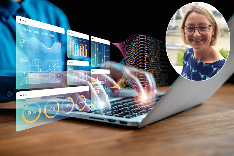 Laptop user working with data, data analytics, graphs and charts, with inset head and shoulders picture of Met Police Director of Data Aimee Smith