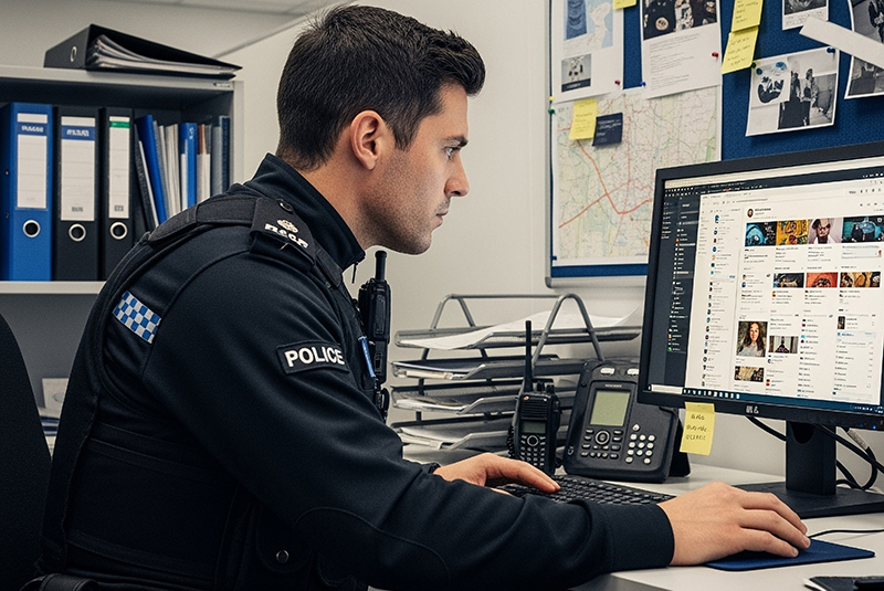 uk police officer searching social media on a computer OSINT