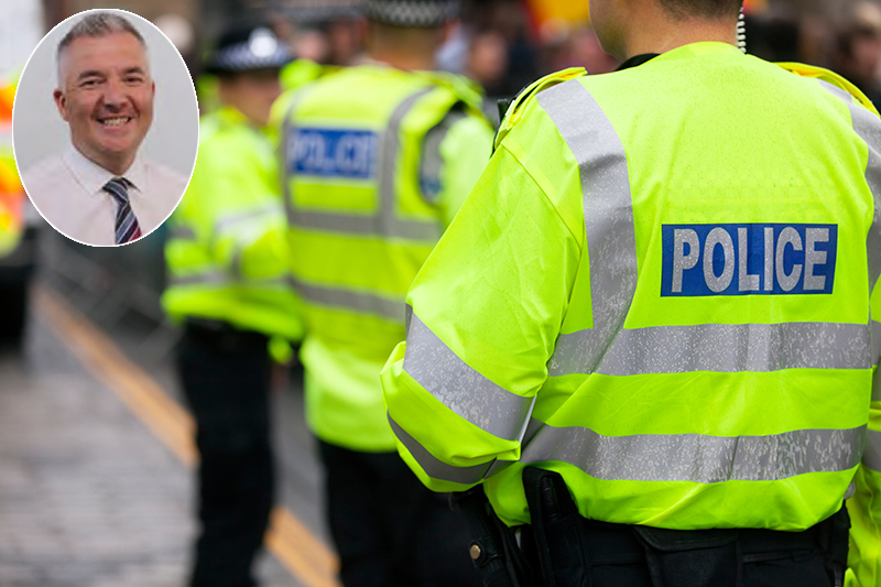 police officers in hi-vis with Rev Matt Hopley inset