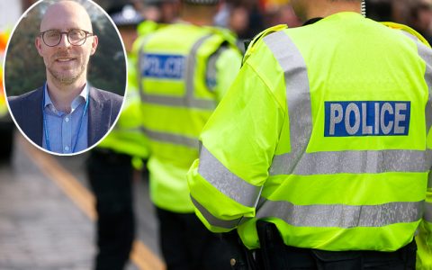 Police in hi-visibility jackets policing crowd with (inset) Stephen Russell