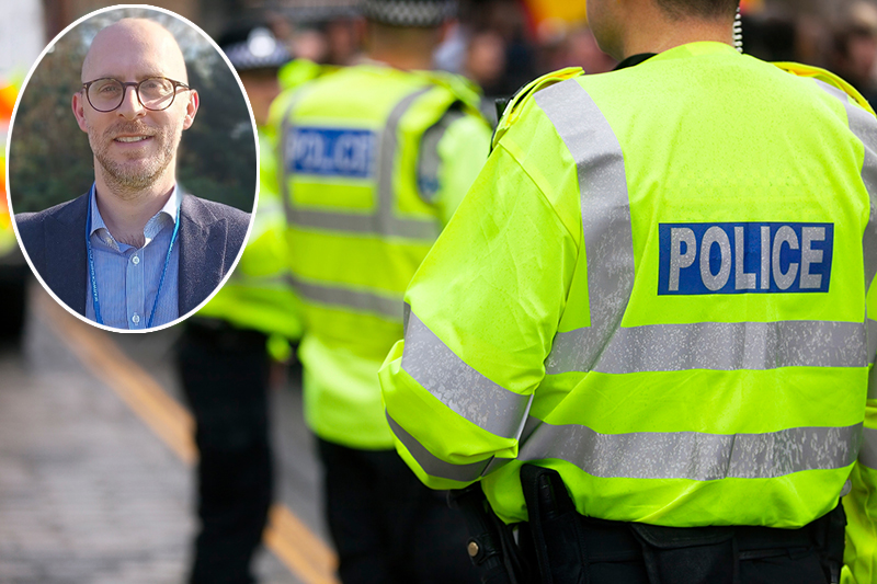 Police in hi-visibility jackets policing crowd with (inset) Stephen Russell