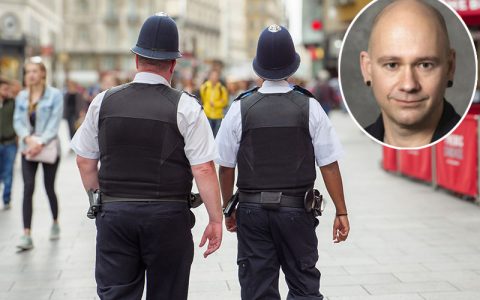 Two Metropolitan police officers on patrol on the streets of the West End, with an inset head and shoulders picture of Professor Ben Bradford