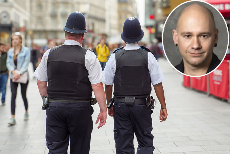 Two Metropolitan police officers on patrol on the streets of the West End, with an inset head and shoulders picture of Professor Ben Bradford