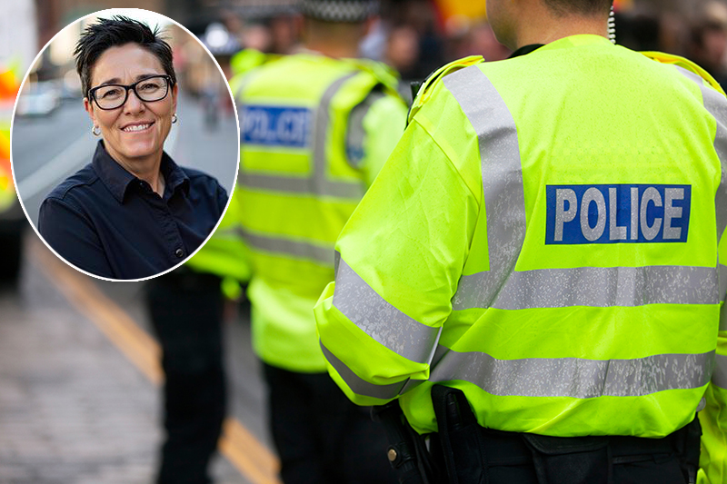Police in hi-visibility jackets policing crowd control at a UK event, with Deanna Cantrell inset