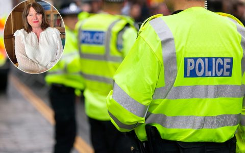 Police in hi-visibility jackets policing crowd control at a UK event with HMCIC Michelle Skeer inset