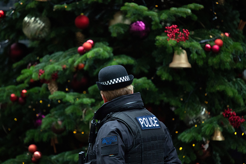 A police officer looks at a Christmas tree in 10 Downing Street.