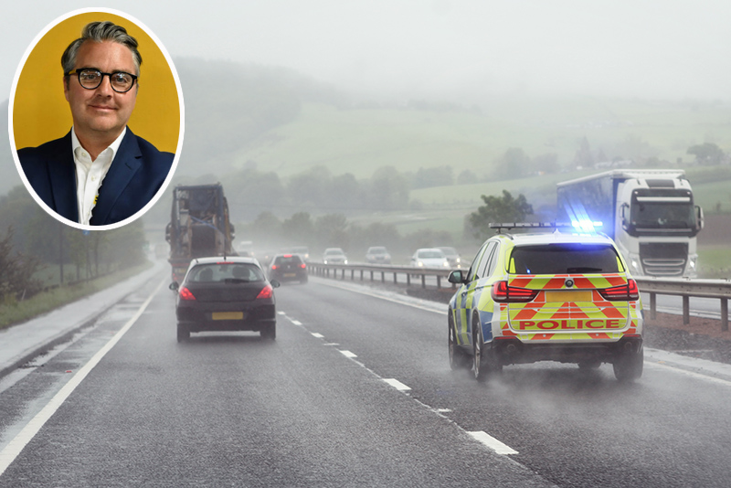 Police siren flashing blue lights driving on motorway to accident or crime scene, with Leo Taylor of Drivetech inset