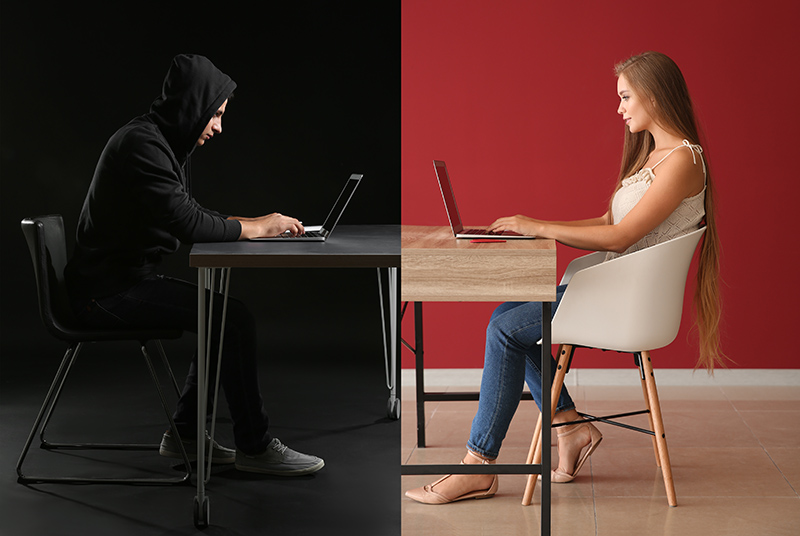 The image contrasts two individuals: one in dark clothing and hood, absorbed in a laptop, and another in light attire, focused on a laptop, symbolizing divergent online behaviors.