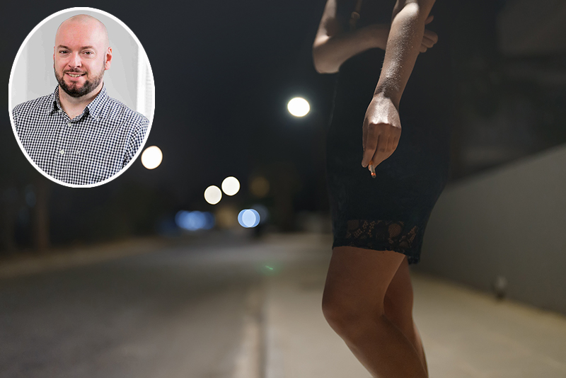 Female prostitute with cigarette on the street, with prof Duncan McPhee inset