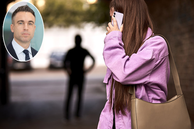 Woman on her own, on her phone, looking back at a man stalking her, with inset picture of WMP Set Supt Adam Jobson