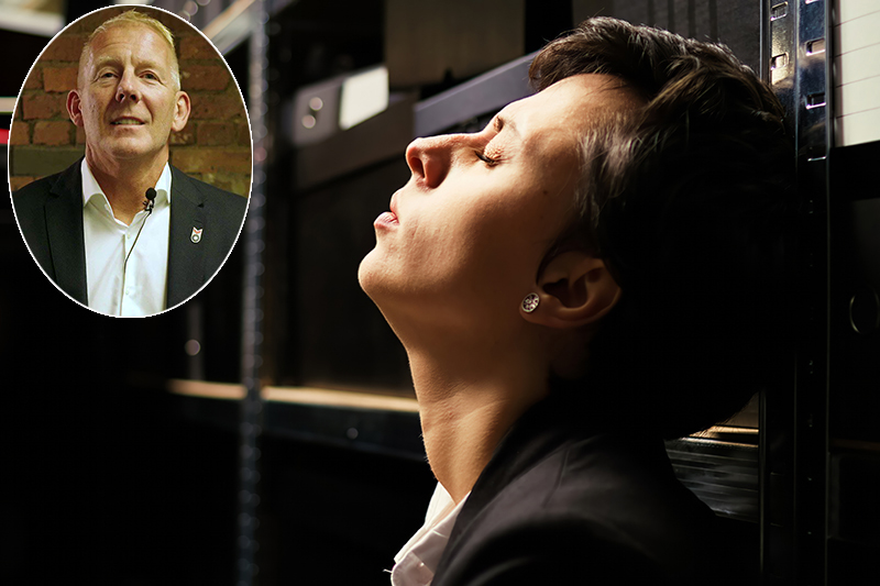 Stressed female detective working on case, with a head and shoulders picture inset of Andy Rhodes, Oscar Kilo Director