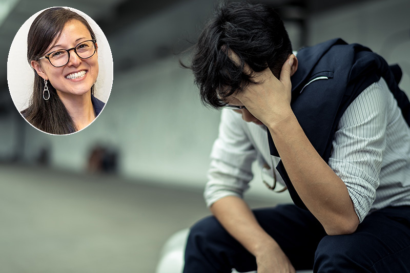 Stressed male detective sitting on bench with Dr Janice Iwama inset