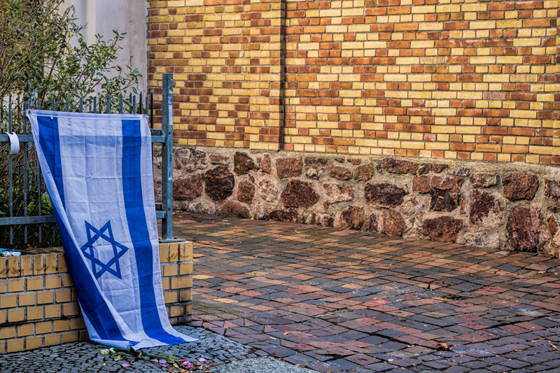 Halle Saale, Germany - October 22, 2019 - Israeli flag at the synagogue in the Paulus quarter