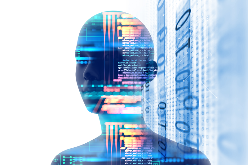 double exposure image of virtual human 3dillustration on programming and learning technology background represent learning process.