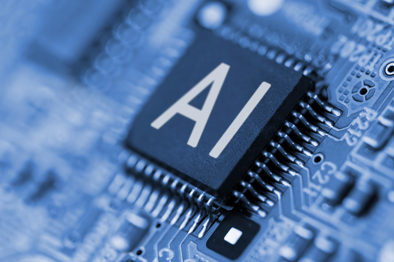 The image features a close-up of a microchip, prominently displaying the letters "AI," symbolizing the integration of artificial intelligence in policing technology and decision-making processes.