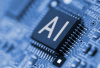 The image features a close-up of a microchip, prominently displaying the letters "AI," symbolizing the integration of artificial intelligence in policing technology and decision-making processes.